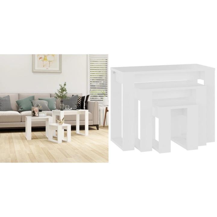 Mese suprapuse, 3 buc., alb, lemn compozit