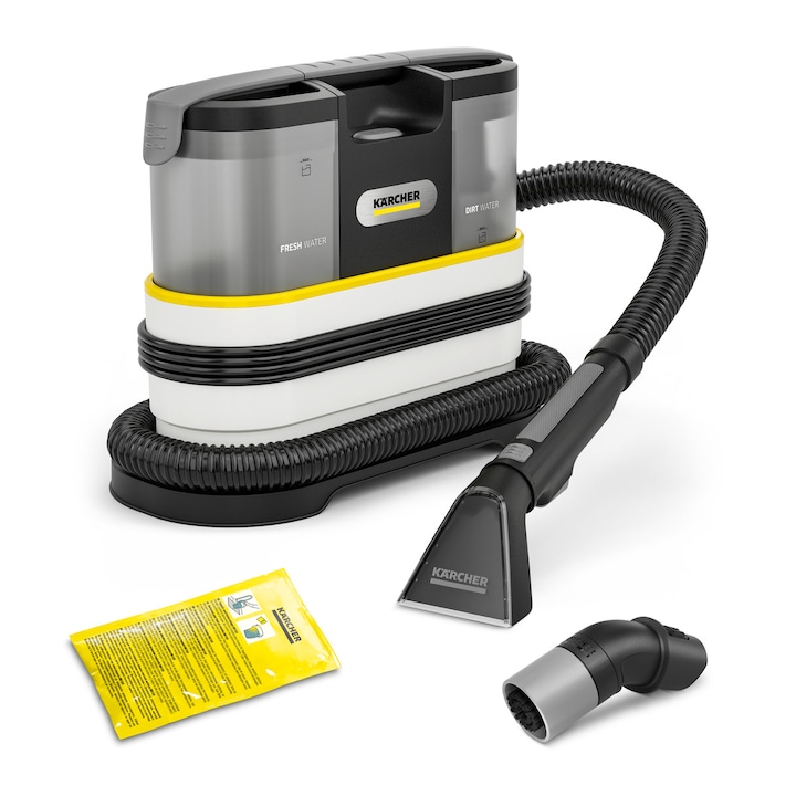 Aspirator cu spalare prin injectie-extractie Karcher SE 2 Spot Care, portabil si compact, sistem spray-extractie pentru pete dificile, rezervor 2 l, curata covoare, canapele, tapiterii si interior auto, igienizare rapida si eficienta