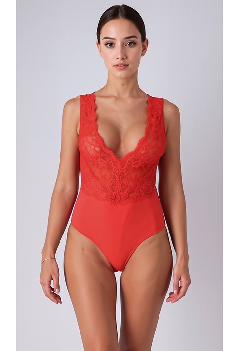 Body Sexy Din Dantela, Passion, Evalie, Marime S/M, Rosu, Costume De Lux, Plasa Transparenta, Detaliu Bijuterie, Secretul Tau Pentru Incredere, Curele Reglabile, Poliamida Si Elastan Confortabile