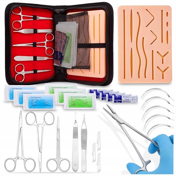 Set de invatare pentru cusut chirurgical, Pixel, 18 piese, 12x17cm, instrumente din inox