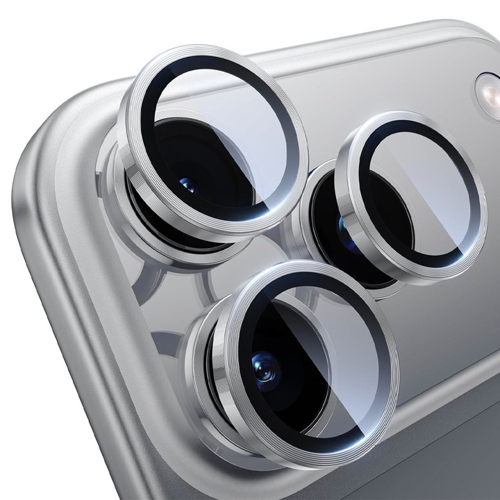 Folie de Protectie Lentile pentru Apple iPhone 17 Pro, Rezistenta la Spargere, Metallic Plating, Sticla Securizata HD, Protectie Individuala, Argintiu
