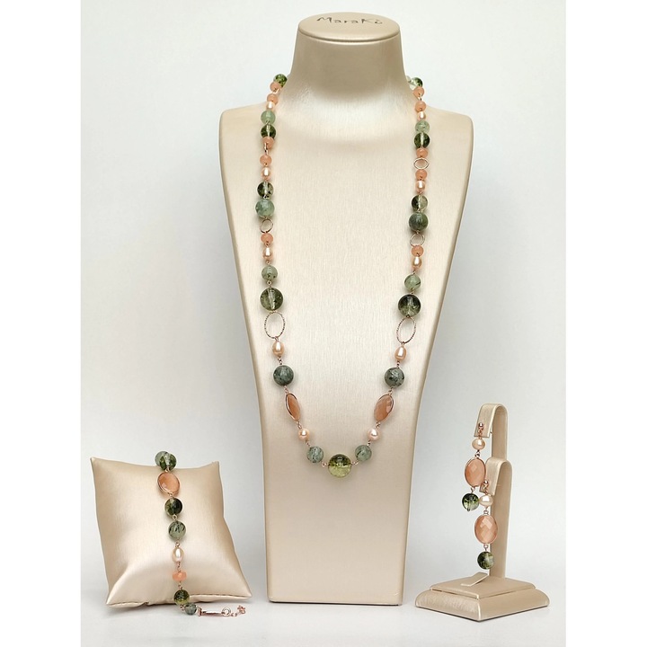 Set bijuterii Gloria, Special Plus, jad piersica, cuart rutilat verde, perle roz