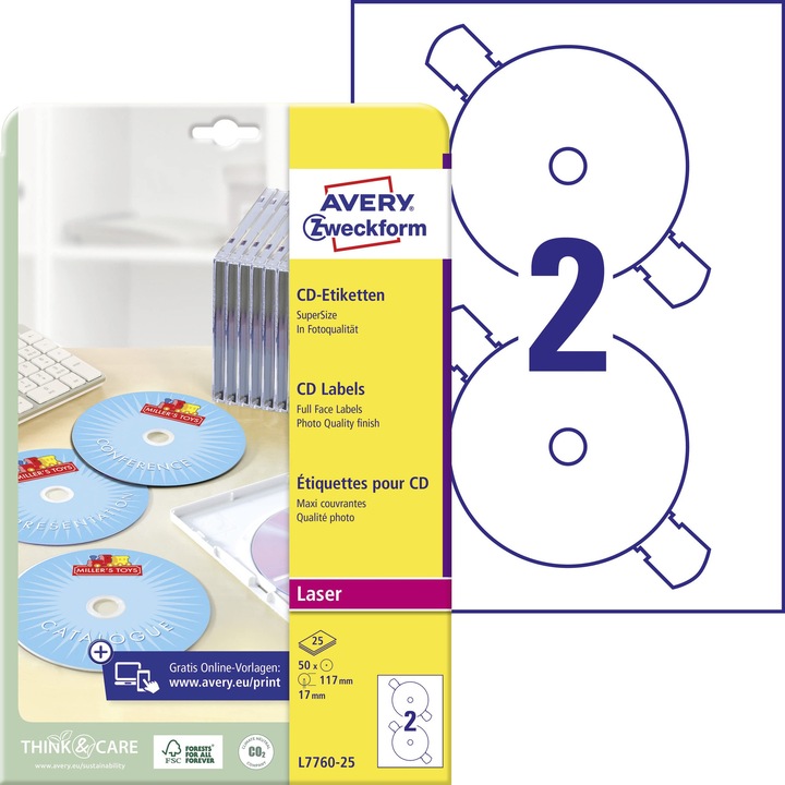 Avery L7760-25 öntapadós címkék CD-hez, 50 címke, fehér, 117mm A4-en, 25 lapos készlet