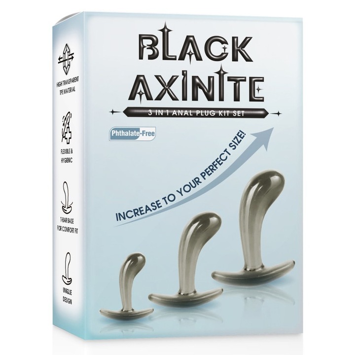 Set jucarii anale Nmc, Black Axinite, 3 pluguri, 8x2.3cm, 9.7x3.6cm, 12x4.3cm, argintiu