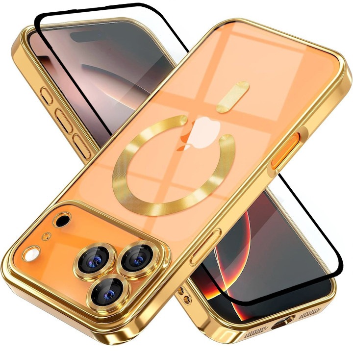 Husa plus Folie Full cover csomag iPhone 17 Pro DaDen MagSafe Luxury, Ütésálló, Kameravédelem, Fémezett élek, Átlátszó Arany Élekkel