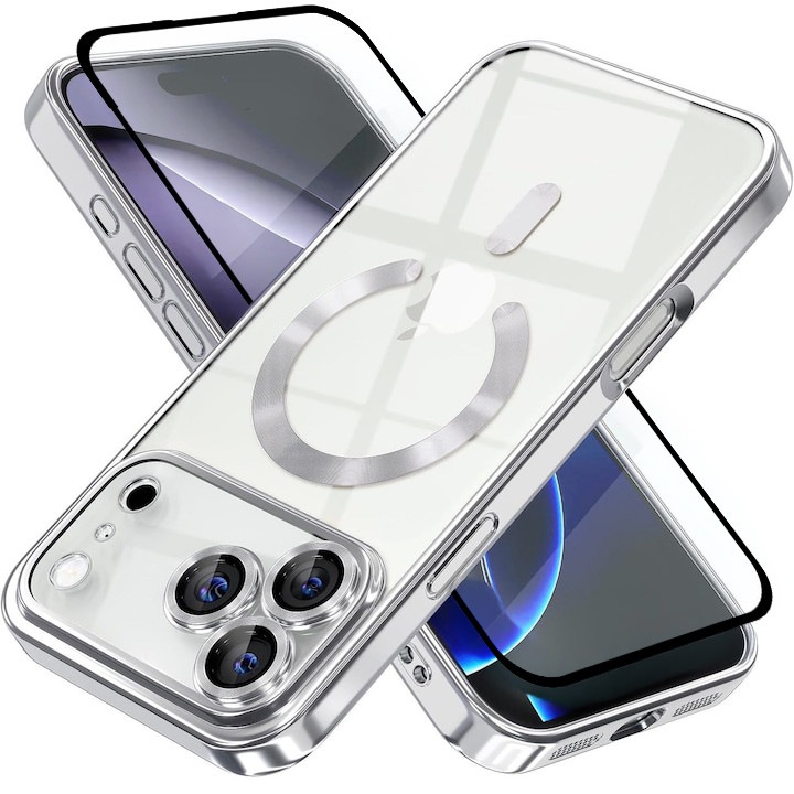 Huzat és teljes képernyős fólia csomag iPhone 17 Pro DaDen MagSafe Luxury-hoz, ütésálló, kameravédelemmel, fémezett élekkel, átlátszó, ezüst élekkel