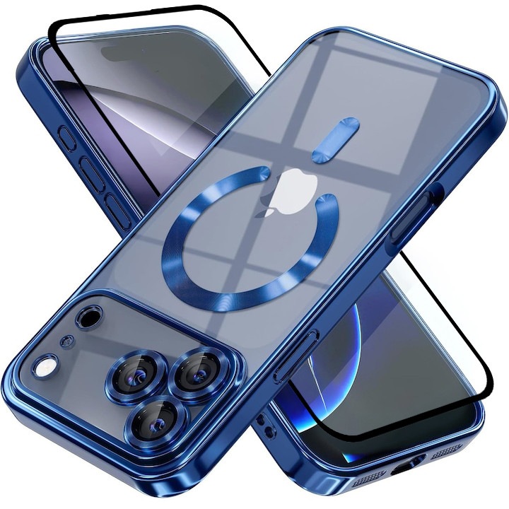 Pachet Husa plus Folie Full cover pentru iPhone 17 Pro DaDen MagSafe Luxury, Antisoc, Protectie Camera, Margini Metalizate, Transparenta cu Margini Albastre