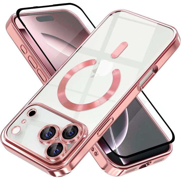 Pachet Tok plus Fólia Teljes fedés iPhone 17 Pro DaDen MagSafe Luxury, Ütésálló, Kamera védelem, Fémhatású élek, Átlátszó, Rose Arany Szegéllyel