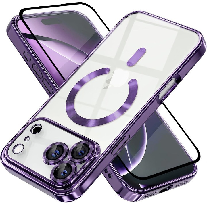 Husa plus Folie Full cover csomag iPhone 17 Pro DaDen MagSafe Luxury, Ütésálló, Kamera védelem, Fémhatású élek, Átlátszó, Lila szegéllyel