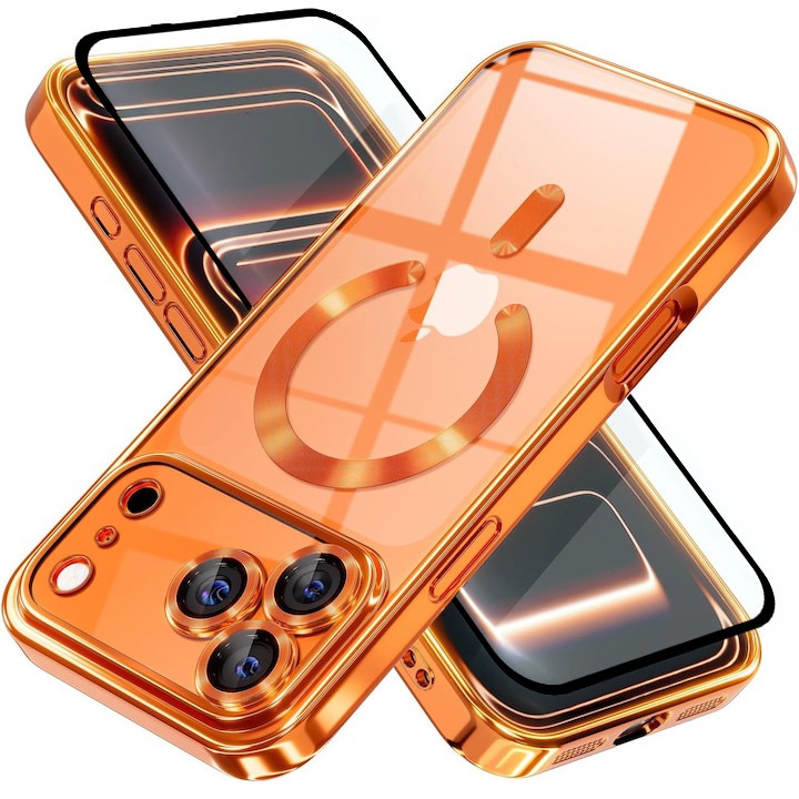 Huzat és teljes képernyős fólia csomag iPhone 17 Pro DaDen MagSafe Luxury-hoz, Ütésálló, Kameravédelem, Fémes Élek, Átlátszó Narancssárga Élekkel