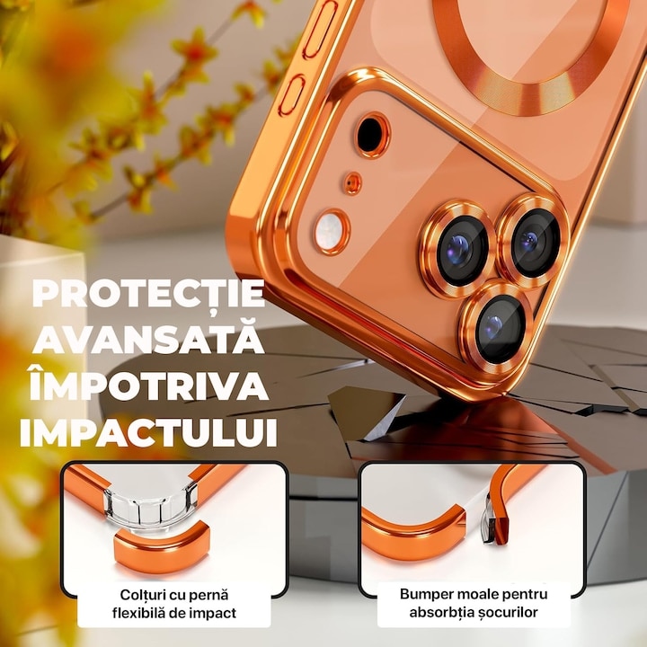 Pachet Husa plus Folie Privacy pentru iPhone 17 Pro Max DaDen MagSafe Luxury, Antisoc, Protectie Camera, Margini Metalizate, Transparenta cu Margini Portocalii