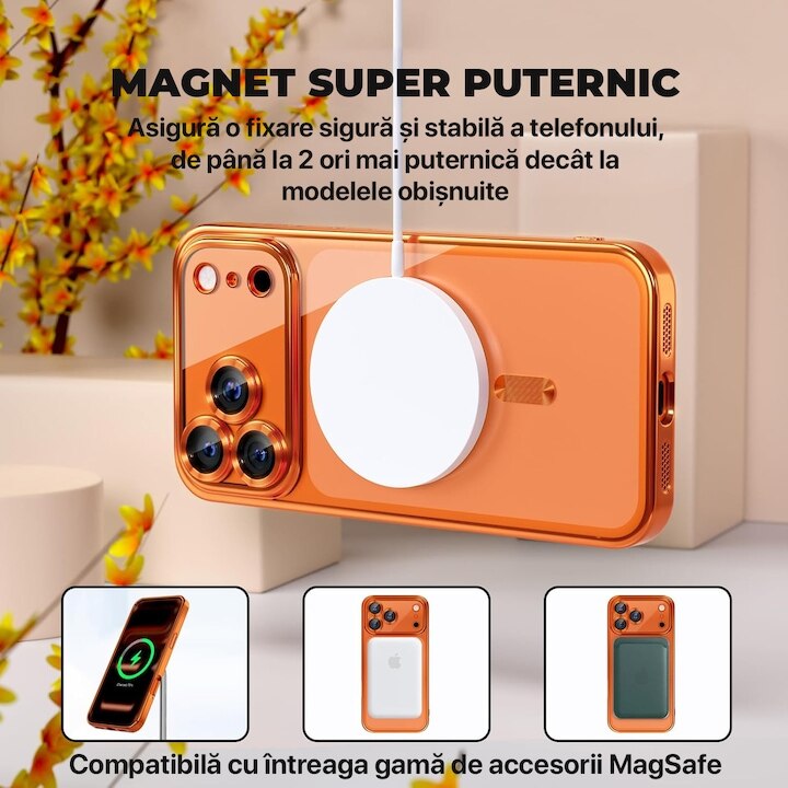 Pachet Husa plus Folie Privacy pentru iPhone 17 Pro Max DaDen MagSafe Luxury, Antisoc, Protectie Camera, Margini Metalizate, Transparenta cu Margini Portocalii