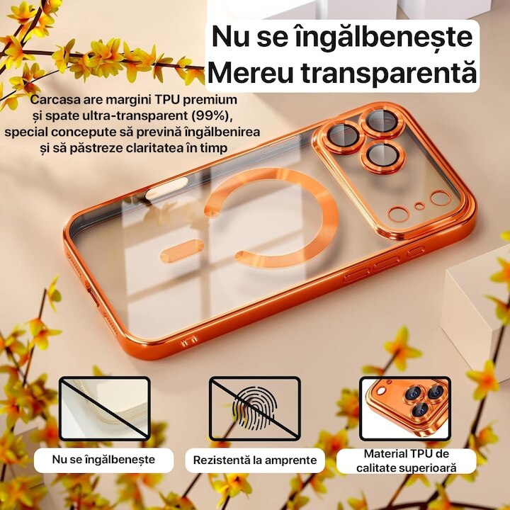 Pachet Husa plus Folie Privacy pentru iPhone 17 Pro Max DaDen MagSafe Luxury, Antisoc, Protectie Camera, Margini Metalizate, Transparenta cu Margini Portocalii