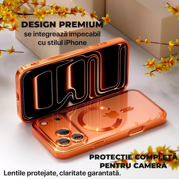 Pachet Husa plus Folie Privacy pentru iPhone 17 Pro Max DaDen MagSafe Luxury, Antisoc, Protectie Camera, Margini Metalizate, Transparenta cu Margini Portocalii