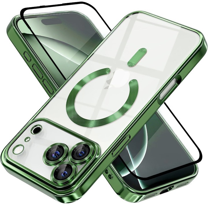 Pachet Husa plus Folie Full cover pentru iPhone 17 Pro DaDen MagSafe Luxury, Antisoc, Protectie Camera, Margini Metalizate, Transparenta cu Margini Verzi
