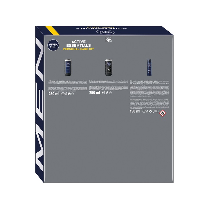 Set: Gel de dus NIVEA MEN Deep 250 ml + Deodorant NIVEA MEN Depp 150 ml + Sampon NIVEA MEN Deep 250 ml