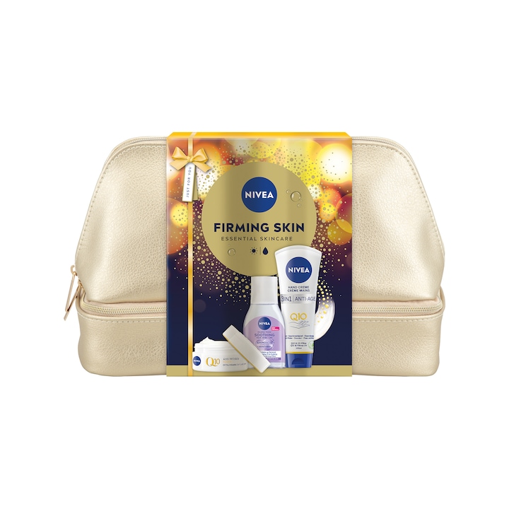 Комплект: Дневен крем против бръчки NIVEA Q10, SPF 15, 50 мл + Мицеларна вода NIVEA за чувствителна кожа 100 мл + Крем за ръце NIVEA Q10 3 в 1, 100 мл + Подаръчна чанта