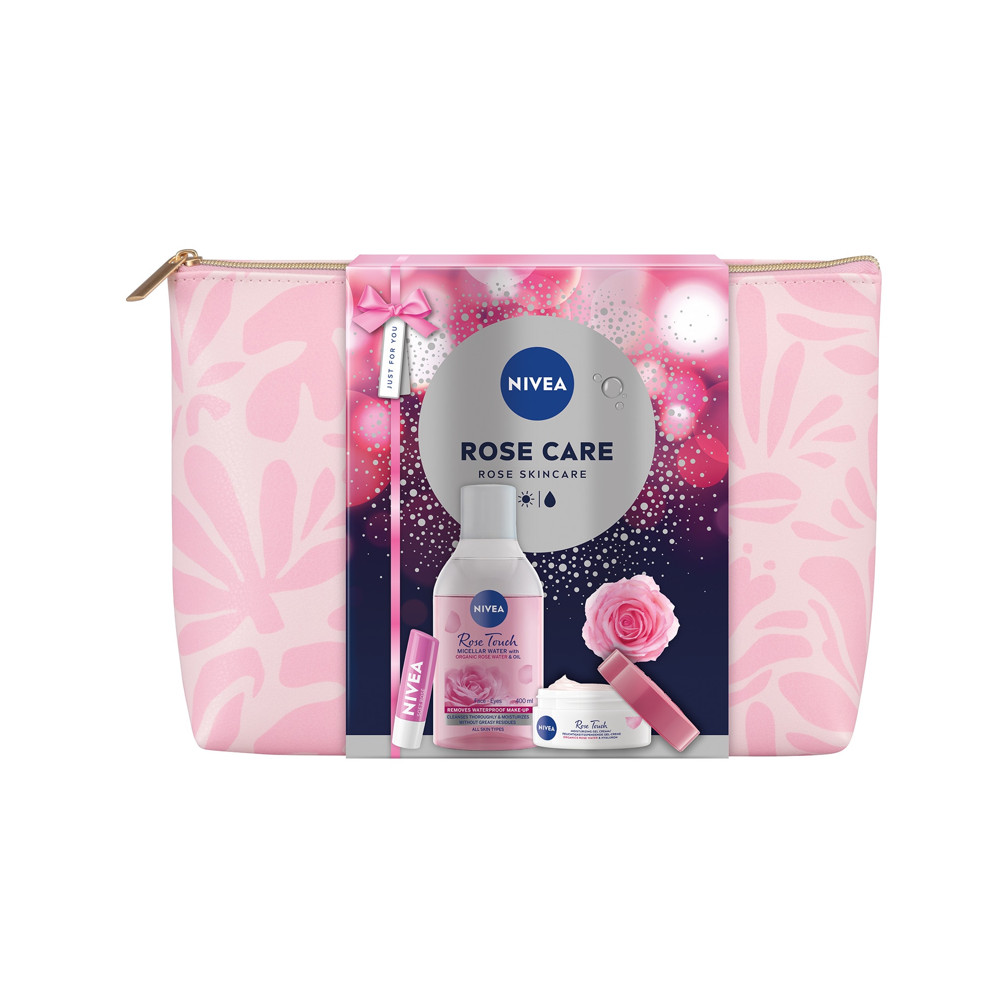 Set: Crema de zi NIVEA Rose Touch cu apa de trandafiri, 50 ml + Apa micelara NIVEA cu apa de trandafiri 400 ml + Balsam de buze NIVEA Soft Rose 5,5 ml + geanta cadou