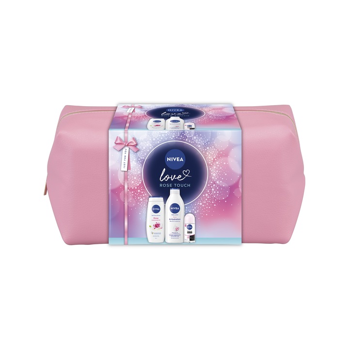 Комплект: Лосион за тяло NIVEA с роза и арган 400 мл + Душ гел NIVEA Rose & Almond Oil 250 мл + Рол-он дезодорант NIVEA Invisible Black & White Clear 50 мл + Подаръчна чанта