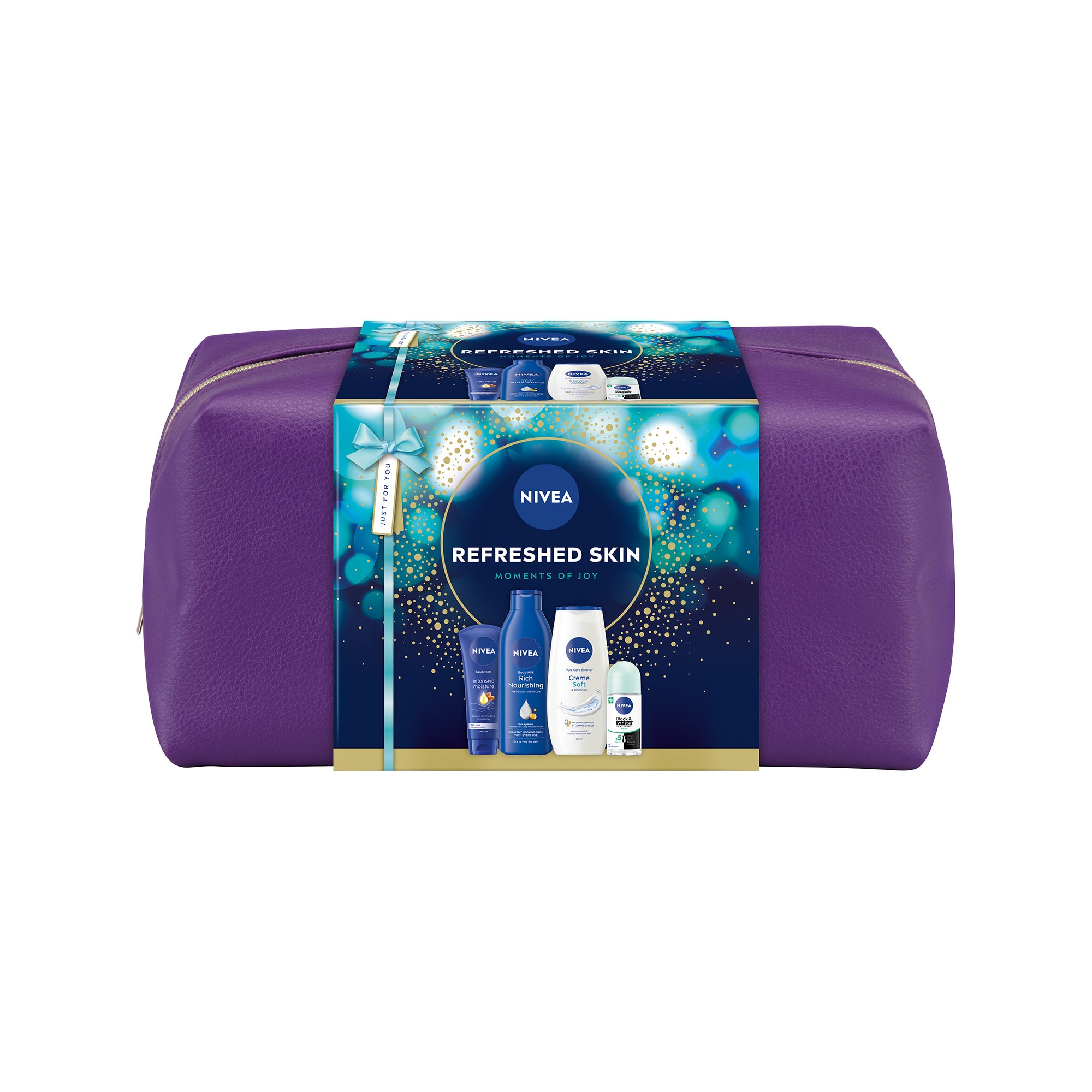 Set: Lapte de corp NIVEA Rich Nourishing 250 ml + Gel de dus NIVEA Creme Soft 250 ml + Deodorant roll-on NIVEA Black & White Fresh 50 ml + Crema de maini pentru hidratare intensiva