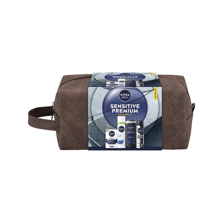 Set: Balsam dupa ras NIVEA MEN pentru ten sensibil 100 ml + Gel pentru ras NIVEA MEN pentru ten sensibil 200 ml + Deodorant Spray NIVEA MEN Invisible Black & White Power 150 ml + Gel de dus NIVEA MEN Deep 250 ml + geanta cadou
