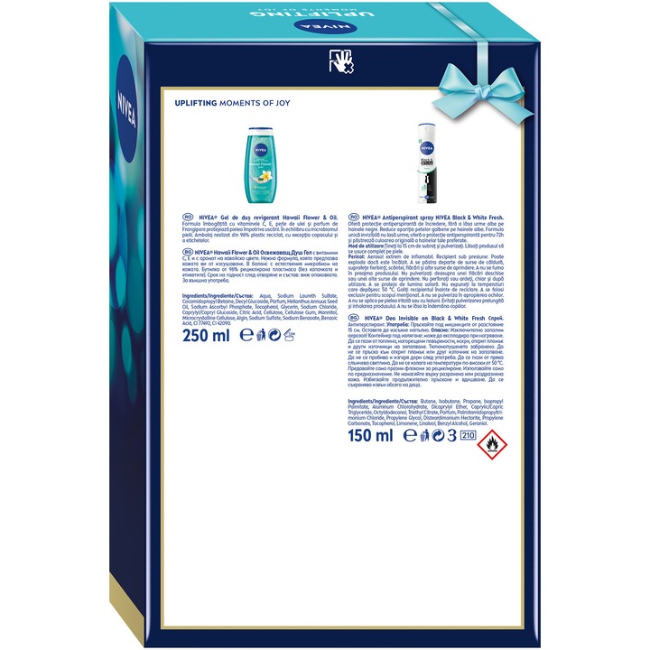 Set NIVEA: Gel de dus revigorant Hawaii Flower & Oil, 250 ml + Deodorant spray Invisible Black & White Clear 150 ml