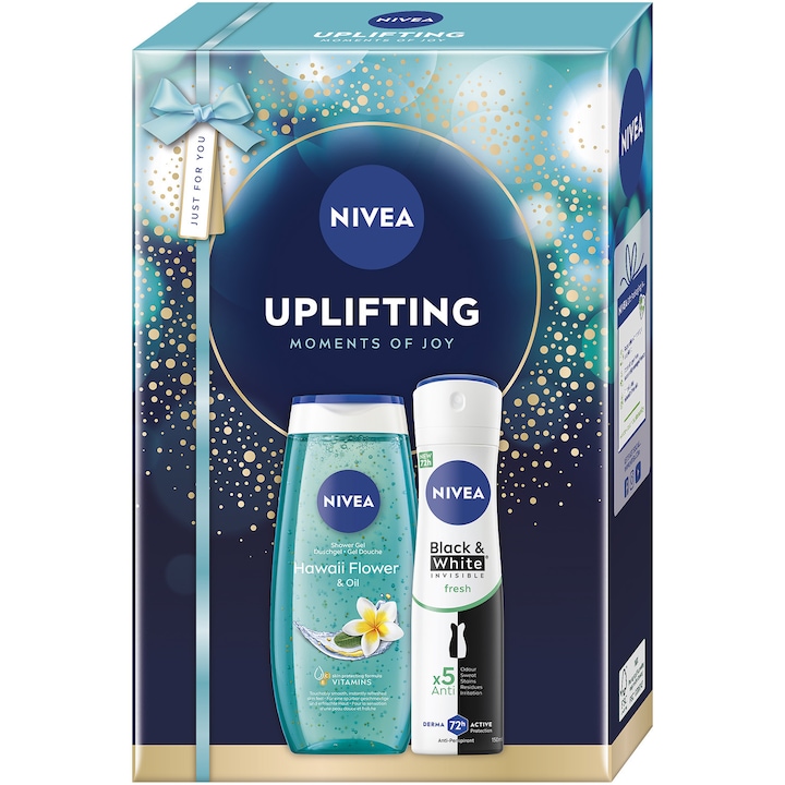 Комплект NIVEA: Освежаващ душ гел Hawaii Flower & Oil, 250 мл + Дезодорант спрей Invisible Black & White Clear 150 мл