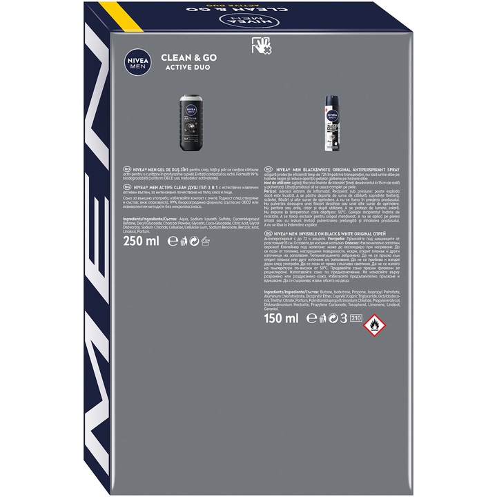 Set: Gel de dus NIVEA MEN Active Clean 250 ml + Deodorant Spray NIVEA MEN Invisible Black & White 150 ml