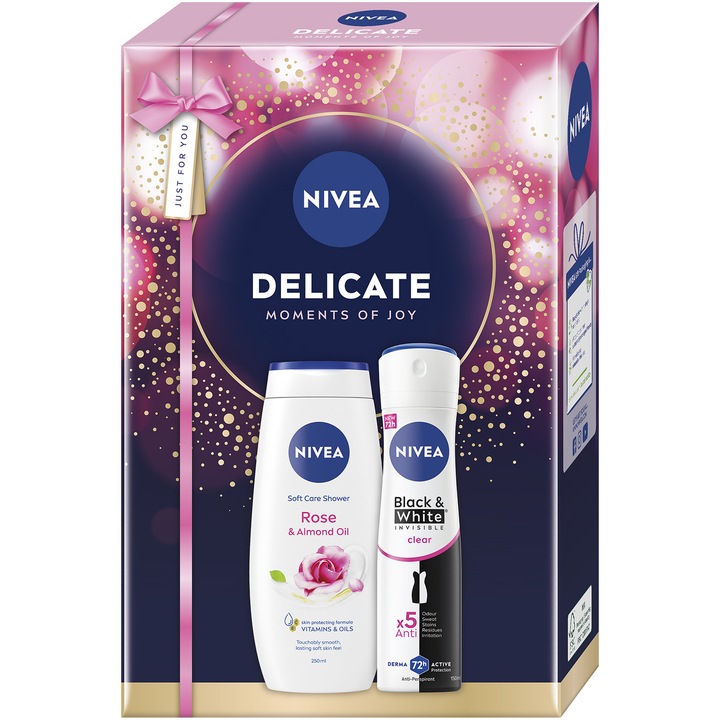 Készlet: NIVEA Rose & Almond Milk tusfürdő, 250 ml + Invisible Black & White Clear dezodor spray, 150 ml