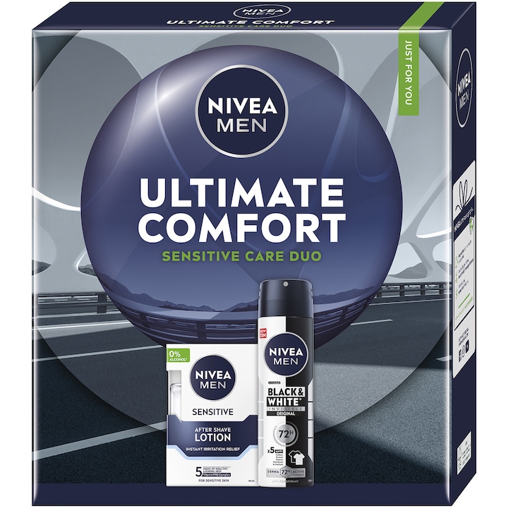 Készlet: NIVEA MEN Invisible Black & White Power dezodor, 150 ml + NIVEA borotválkozás utáni testápoló érzékeny bőrre, 100 ml