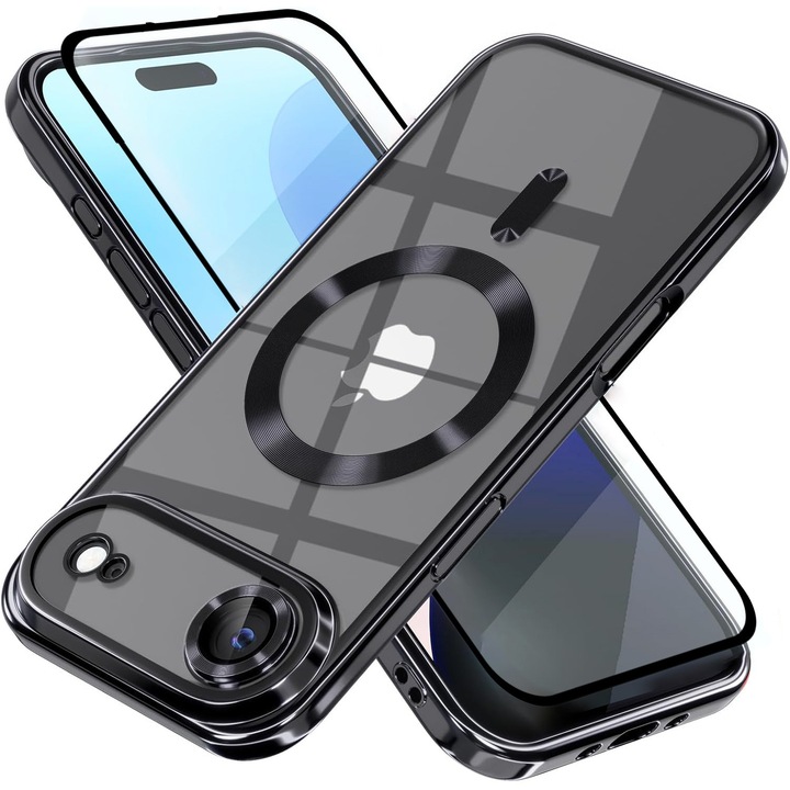 Husa csomag plusz teljes fedőfólia iPhone 17 Air DaDen MagSafe Luxury, ütésálló, kameravédelem, fémes élek, átlátszó fekete élekkel