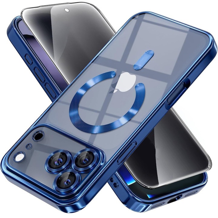 Pachet Husa plus Folie Privacy pentru iPhone 17 Pro DaDen MagSafe Luxury, Antisoc, Protectie Camera, Margini Metalizate, Transparenta cu Margini Albastre