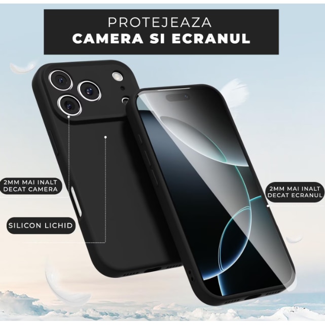 Husa telefon compatibila cu iPhone 17 Pro, Anti-Soc, Protectie camera, Microfibra interior ( catifea ), Margini Ridicate pentru Protectia Ecranului, Negru