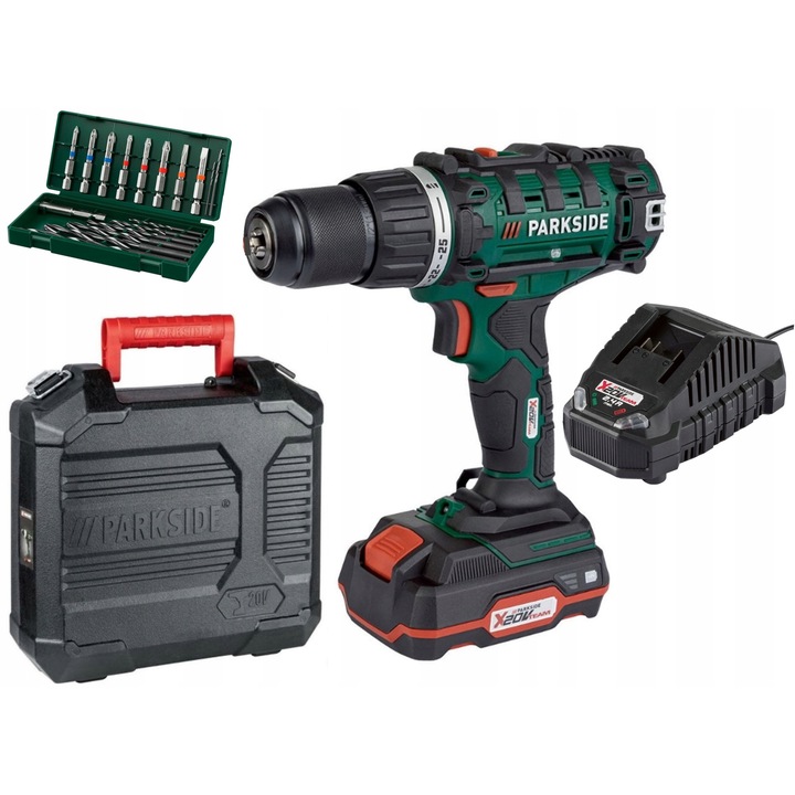 Masina de gaurit/insurubat cu acumulator ParkSide PABS 20-Li G8, 20V 2Ah, mandrina de eliberare rapida, 17 accesorii, cutie de depozitare