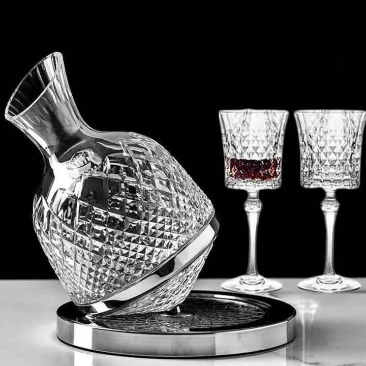 Forgó dekantáló szett állvánnyal és 2 pohárral, Mindblower, üveg, ezüst, 1500 ml