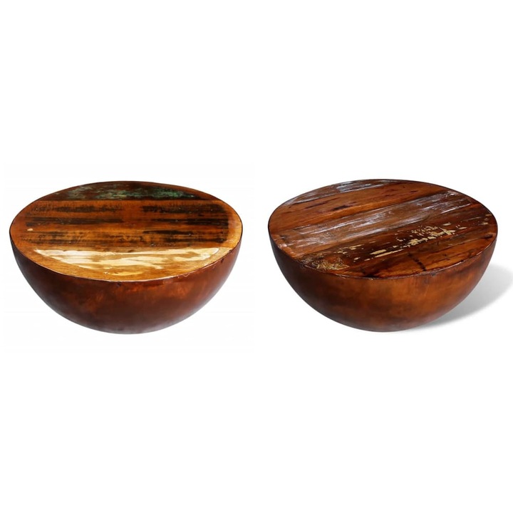 Masuta cafea, forma de bol, baza din otel, lemn masiv reciclat