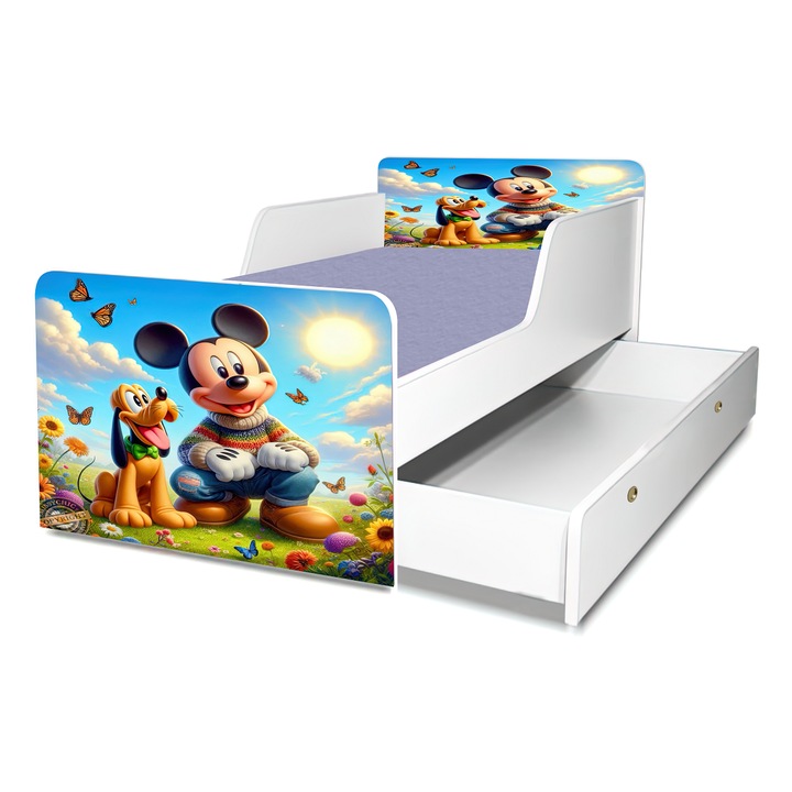 Pat Pluto si Mickey, 130x60 cm, cu sertar, protectie si saltea inclusa