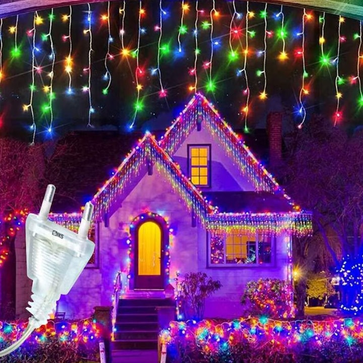 Karácsonyi Jégcsap/Füzér Fényfüzér SIKS, 15 Méter, 320 LED, Házhoz / Kerthez / Kerítéshez, 8 Fényjátékkal, Folyó Jégcsapokkal, Kültéri/Beltéri, Átlátszó Kábel, Összekapcsolható, Többszínű