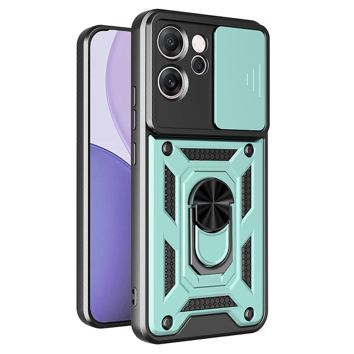 Husa pentru Oppo Reno 14F, 14FS 5G Ring Armor Kickstand Tough Rugged Cover cu protectie camera, verde