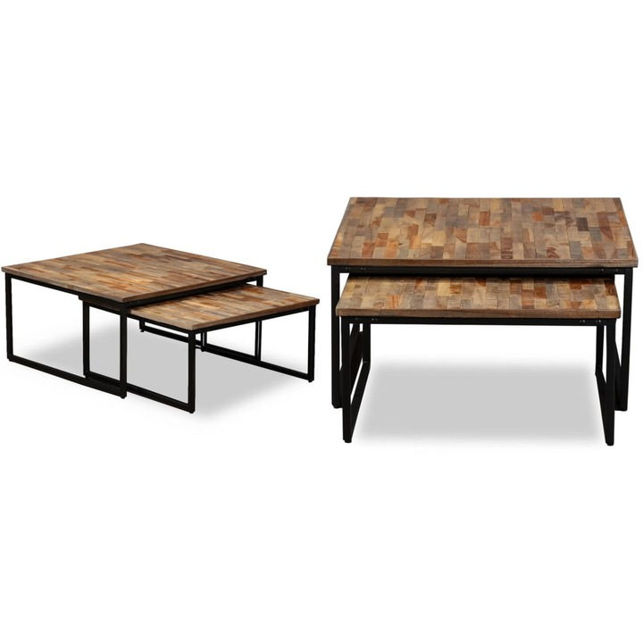 Set masute cafea suprapuse 2 piese, lemn masiv de tec reciclat