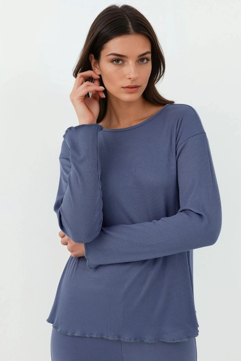 Set pijamale dama HiCCUP, talie inalta, maneca lunga, albastru inchis, jerseu