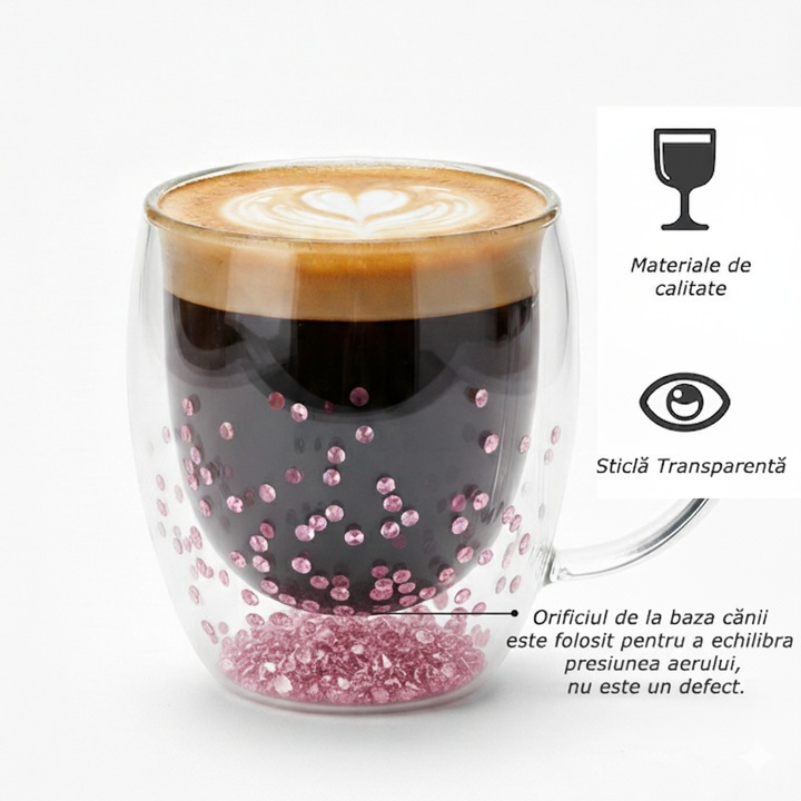 Cana pentru Ceai si Cafea din Sticla Termorezistenta Aurov®, cu Cristale Aurii, Pereti Dubli, 350ml, Transparenta