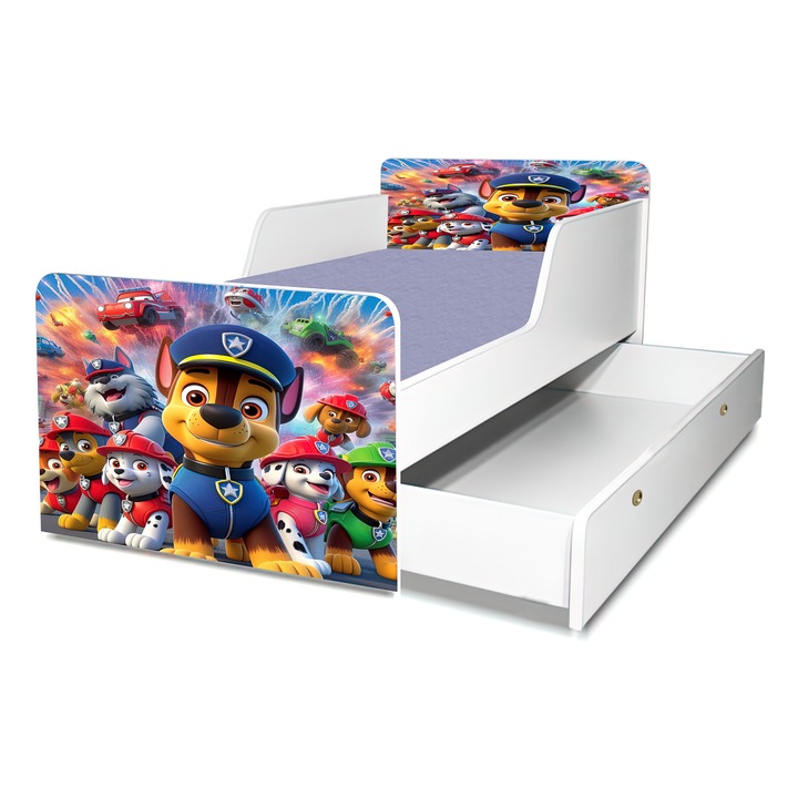 Pat Patrula Catelusilor, 130X60 cm, cu sertar, protectie si saltea inclusa