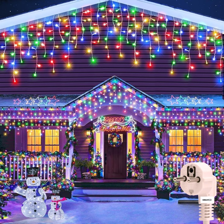 Instalatie Craciun Multicolora GREATON Tip Turturi, 25m, 640 LED, Franjuri Curgatoare, Interior/Exterior, Fir Alb Gros, Interconectabila, Rezistenta la Apa