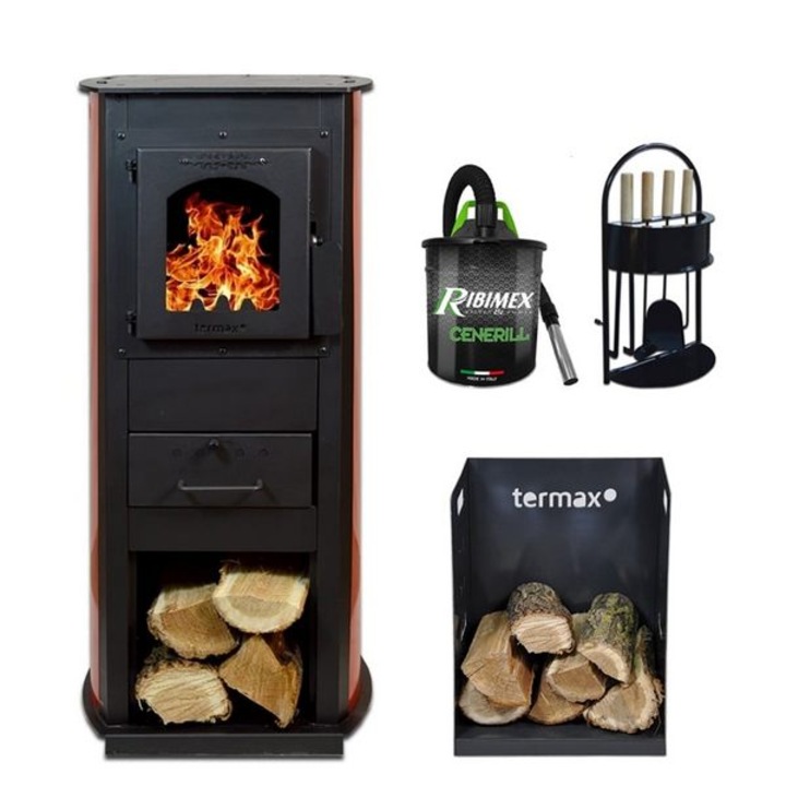Pachet soba pe lemn Termax Corex, 6.11 kW, evacuare spate, randament 86.49%, 40 m², Rosu, set accesorii, aspirator cenusa si suport lemne foc metalic Termax M