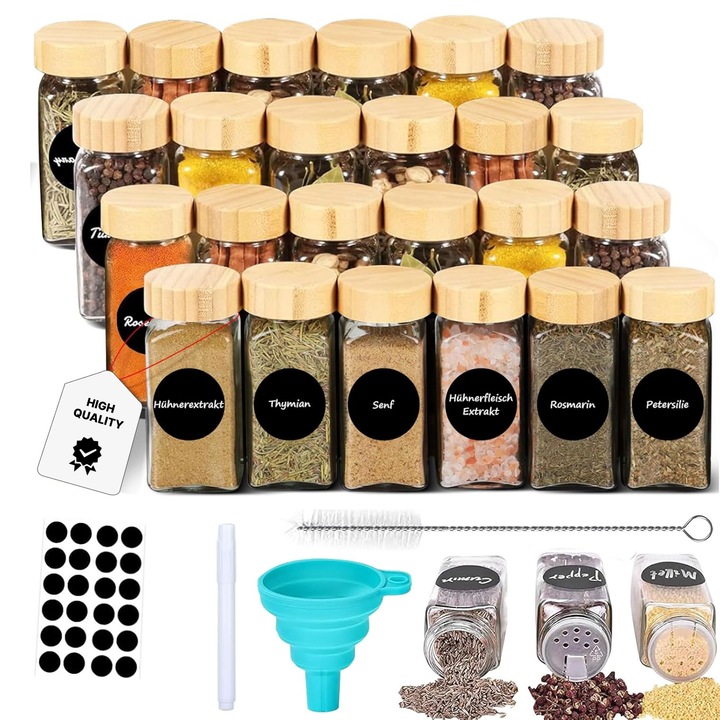 Set 24 Recipiente Condimente din Sticla cu Capac din Lemn, Etichete, Palnie, Marker inclus, HAPPY JOKER®