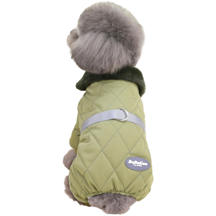 Salopeta flausata de iarna cu guler de blana, pentru animale de companie, DOG-11, verde, 2XL