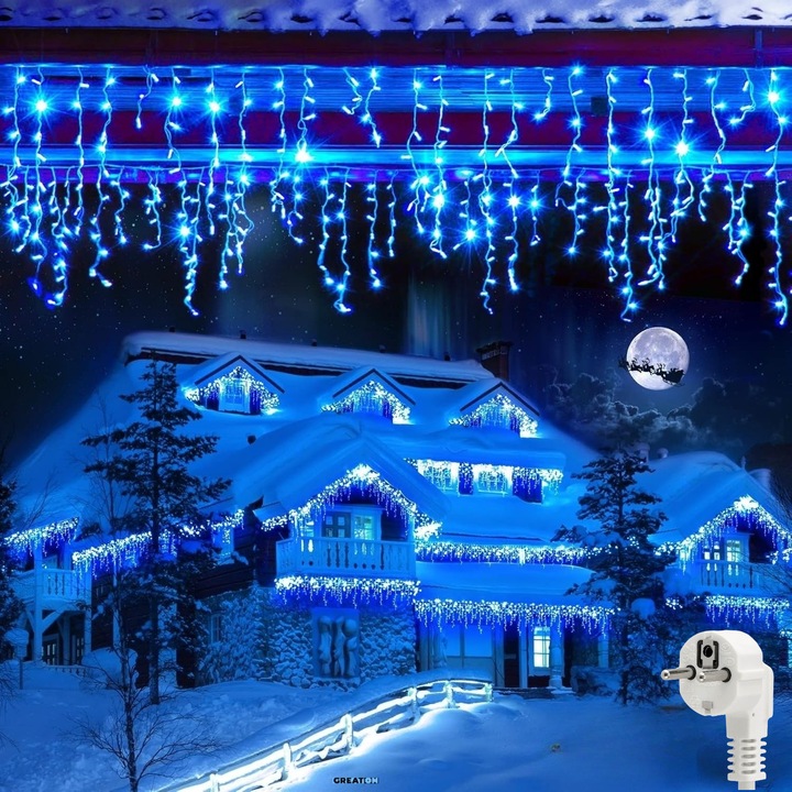 Instalatie Craciun Albastra GREATON Tip Turturi, 25m, 640 LED, Franjuri Curgatoare, Interior/Exterior, Fir Alb Gros, Interconectabila, Rezistenta la Apa