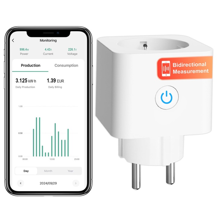 Интелигентен Wifi контакт с измервател на енергия Antela, 16A, приложение Smart Life, 1 бр