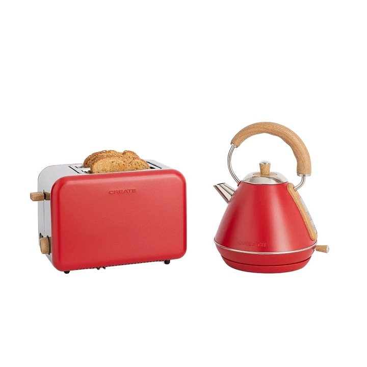 Set prajitor de paine si fierbator Retro, 2 felii, capacitate 1 litru, rosu, 850W, 1200W